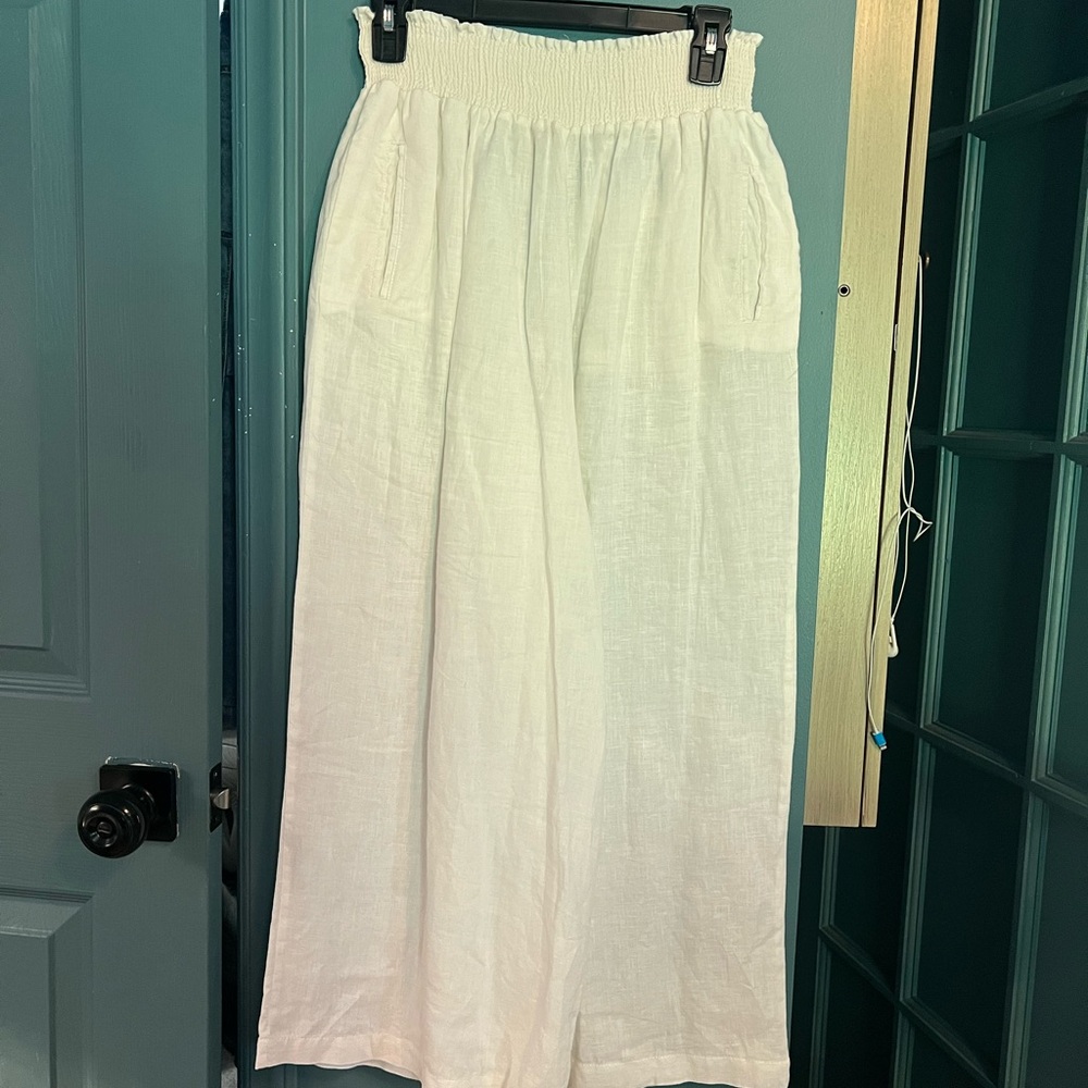 White Smocked Waist Linen Pants - Picture 4 of 5